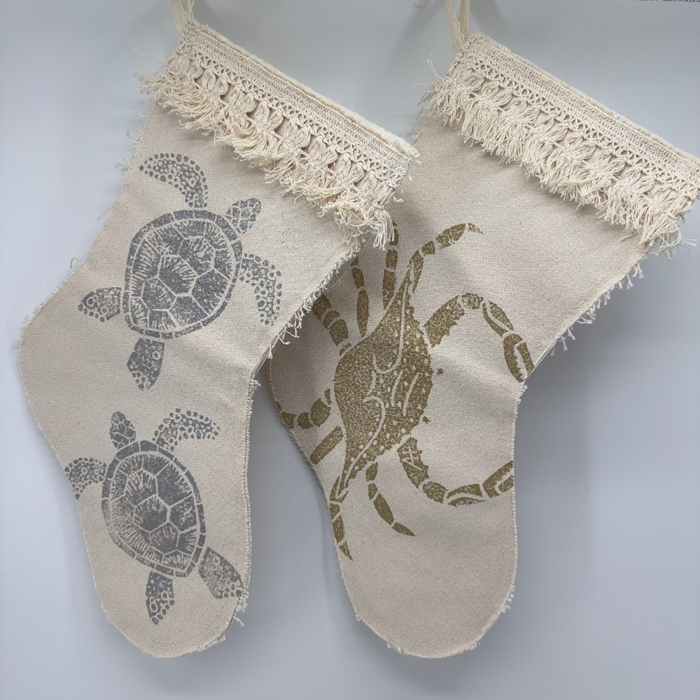 (2) NEW Beach BOUTIQUE Linen Boho Fringe CHRISTMAS STOCKINGS LOT Turtle + Crab
